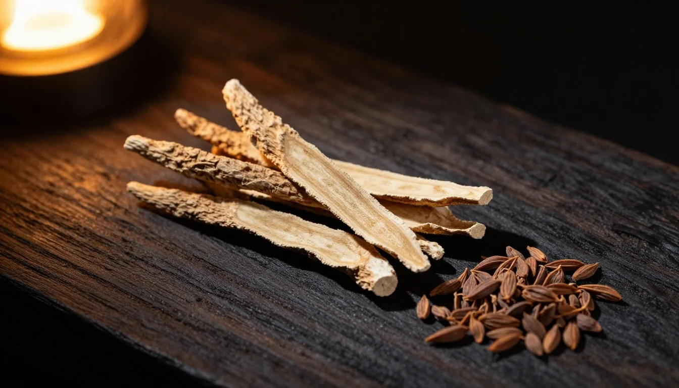 Dried botanical specimens on a dark wooden surface under warm amber lamplight