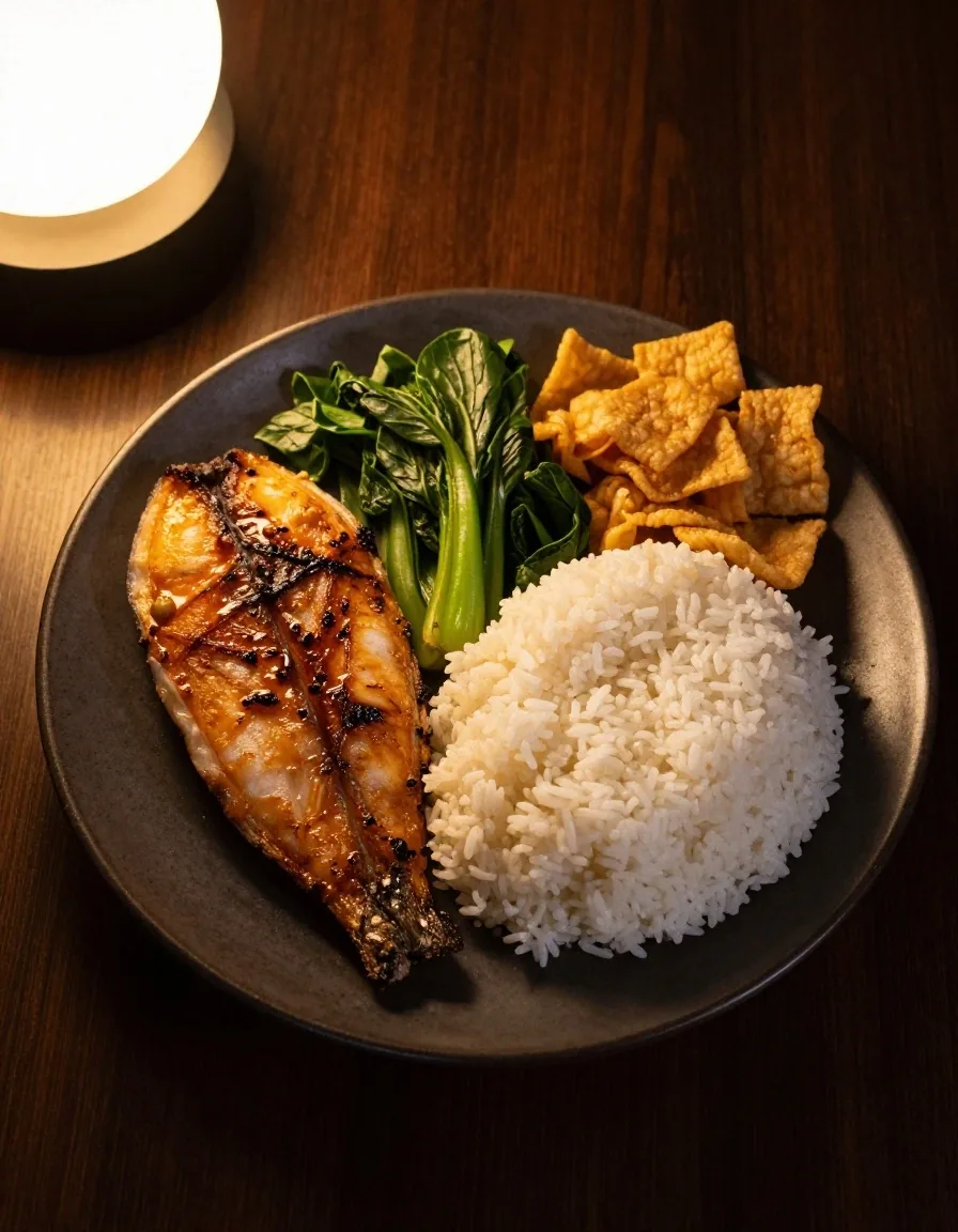 Balanced Indonesian meal with rice, fish, and vegetables on a dark plate