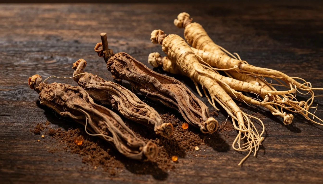 Dried maca root and ginseng root on charred wood